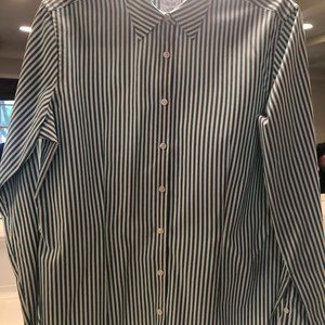 Green and white striped button down shirt